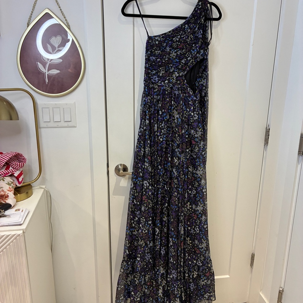 Mac Duggal One-Shoulder Floral Maxi Dress in Purple and Black - Picture 8 of 15